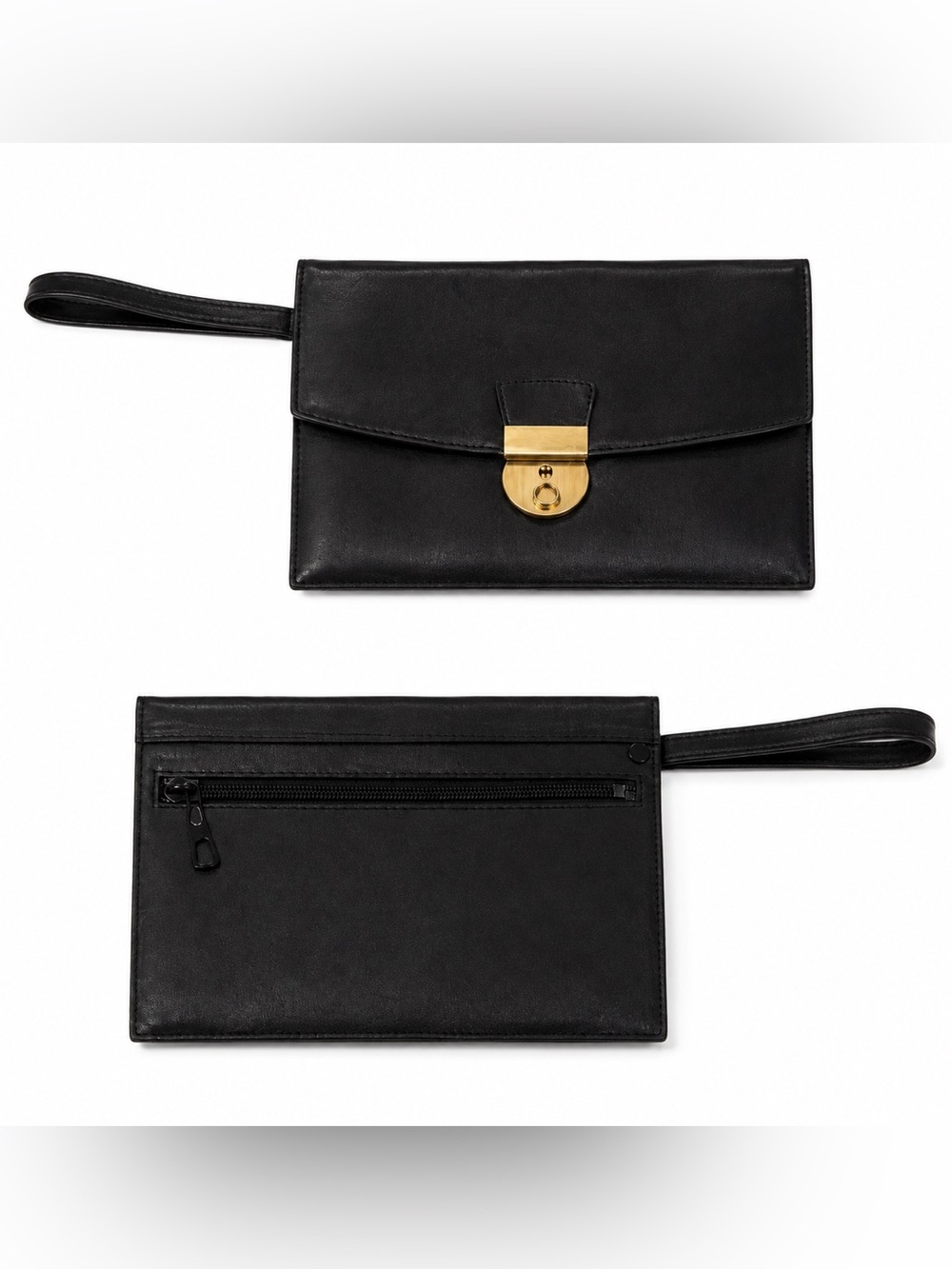 Vintage Black Leather Wristlet Clutch Gold Hardware Envelope Purse